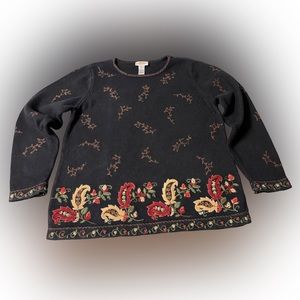 Talbots Womens Vintage Sweater Black with Embroidered Paisley Flowers Size XL